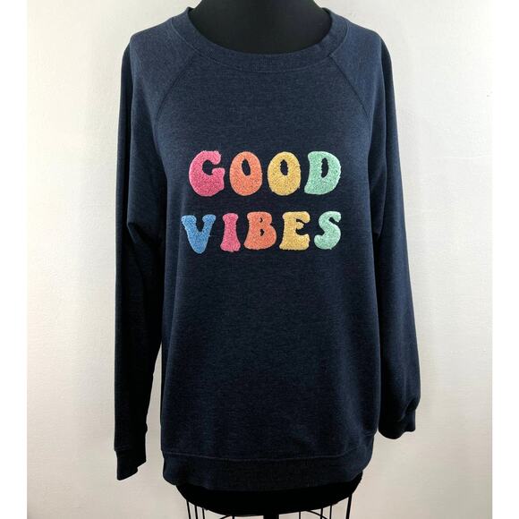 WILDFOX Navy Blue Good Vibes Embroidered Oversized Crew Sweatshirt Pullover S - Picture 1 of 8